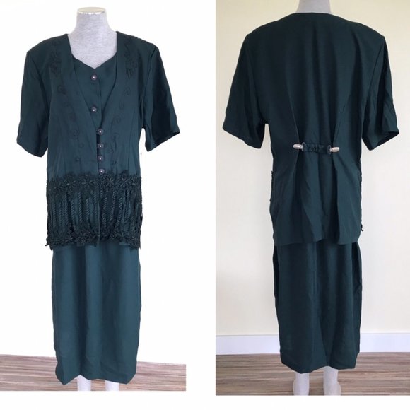 Modern Touch Forest Green Braided Embroidery Two piece Skirt Set with Jacket - Picture 2 of 4